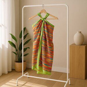 Multicolor Tropical Sarong Cover-Up with Lime Green Trim- Brazilian beach Style